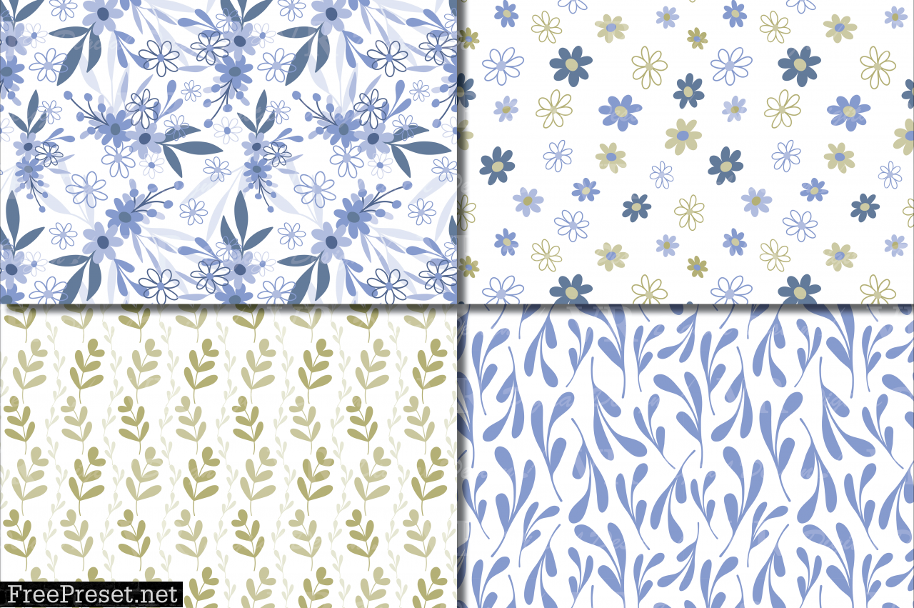 Seamless Blue and Green Hand Drawn Flowers and Leaves Digital Paper / Pastel Foliage Seamless Pattern