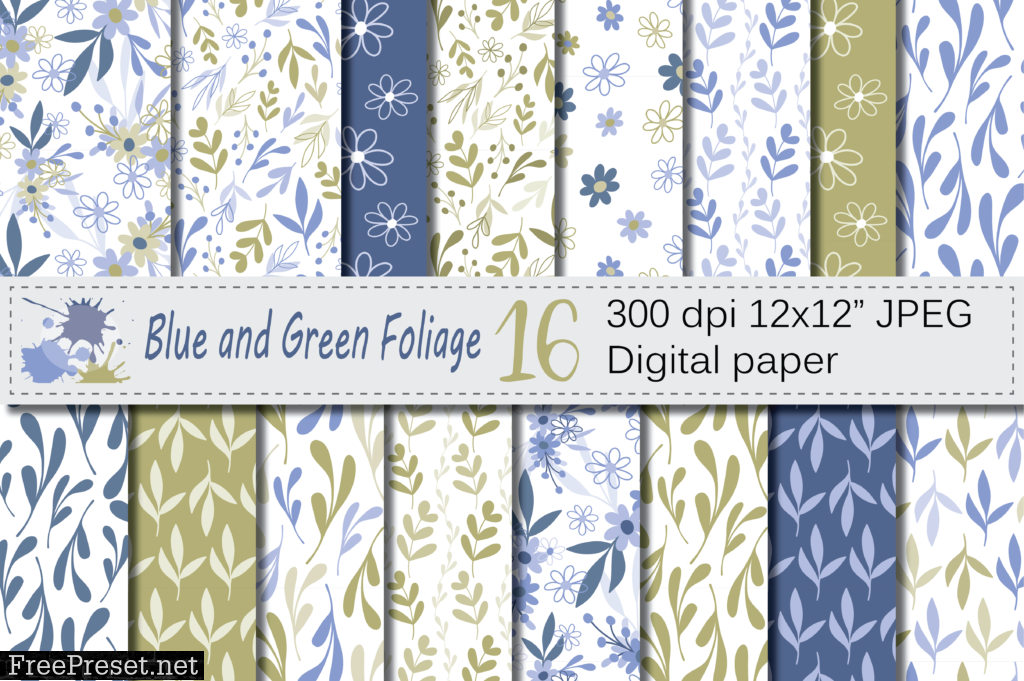 Seamless Blue and Green Hand Drawn Flowers and Leaves Digital Paper / Pastel Foliage Seamless Pattern