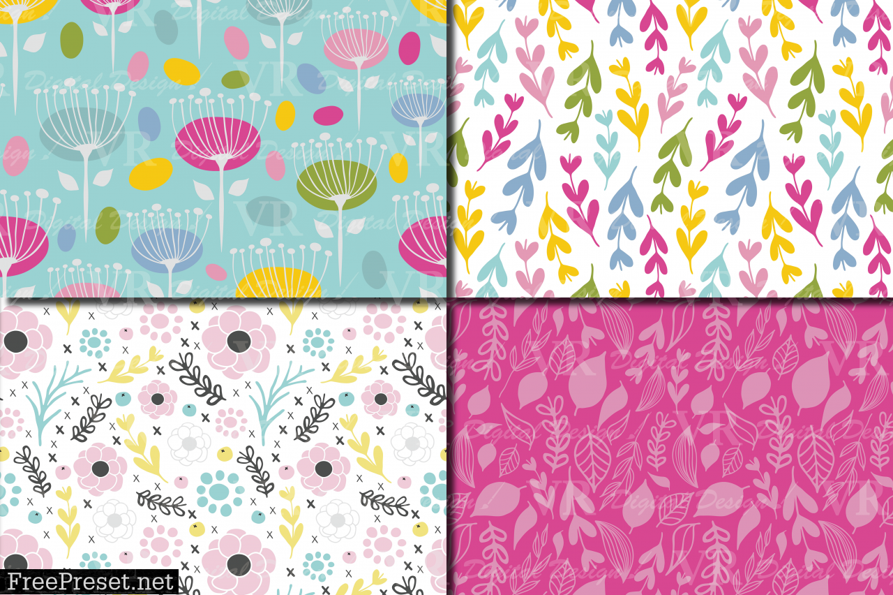 Seamless Bright Spring Digital Paper / Hand Drawn Flowers, Leaves, Foliage Seamless Pattern