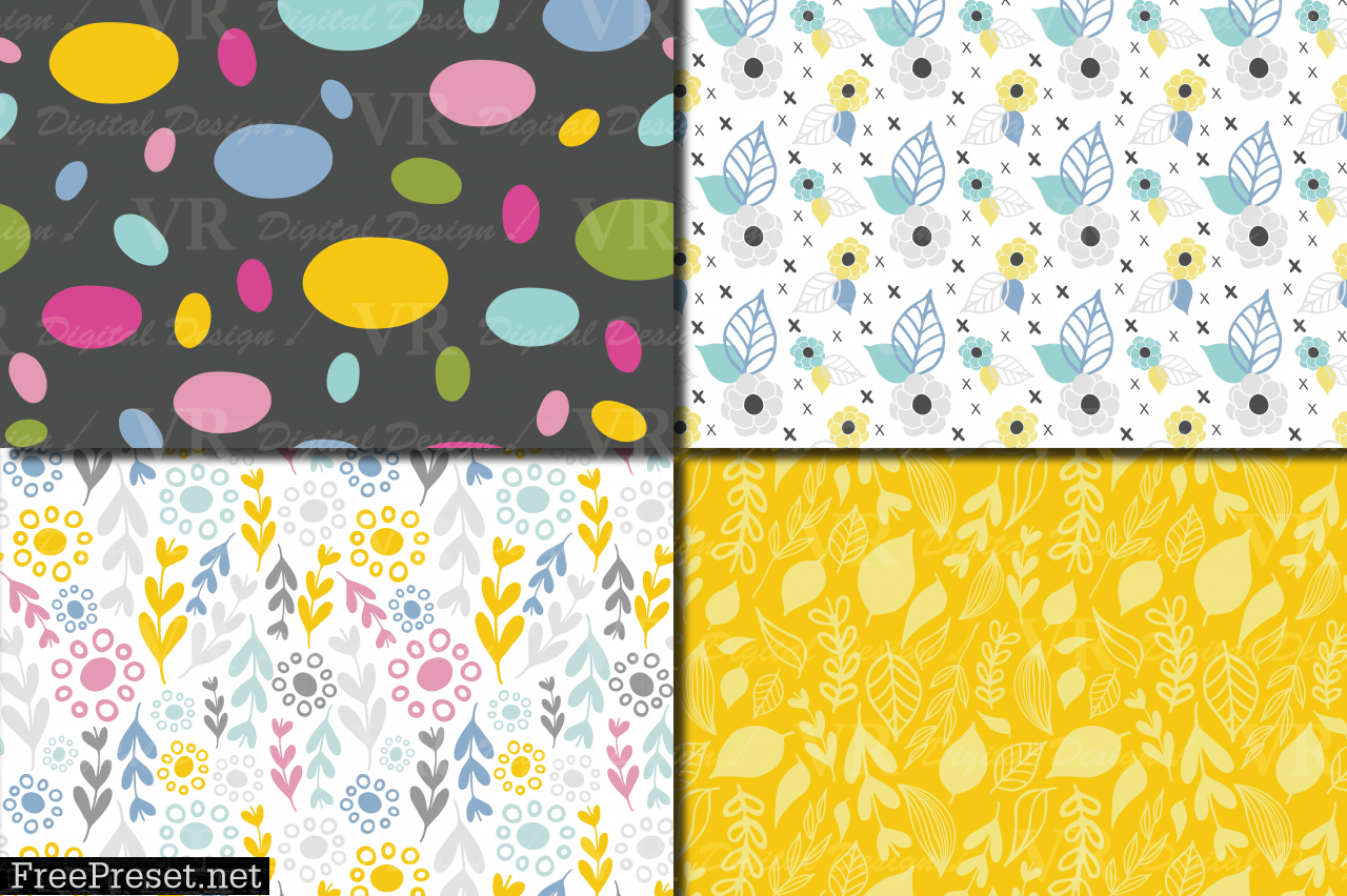 Seamless Bright Spring Digital Paper / Hand Drawn Flowers, Leaves, Foliage Seamless Pattern