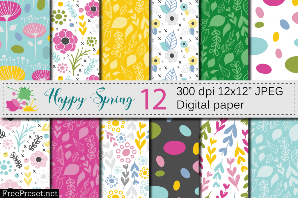 Seamless Bright Spring Digital Paper / Hand Drawn Flowers, Leaves, Foliage Seamless Pattern