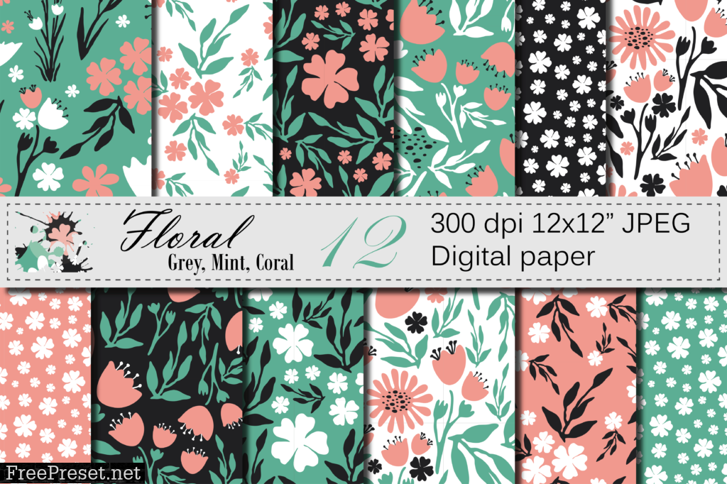 Seamless Floral Digital Paper - Gray Mint Coral Patterns