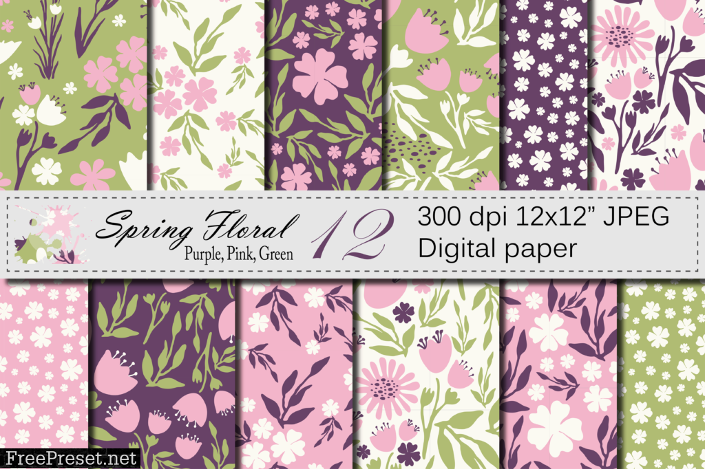 Seamless Floral Digital Paper- Pink Purple Green Patterns