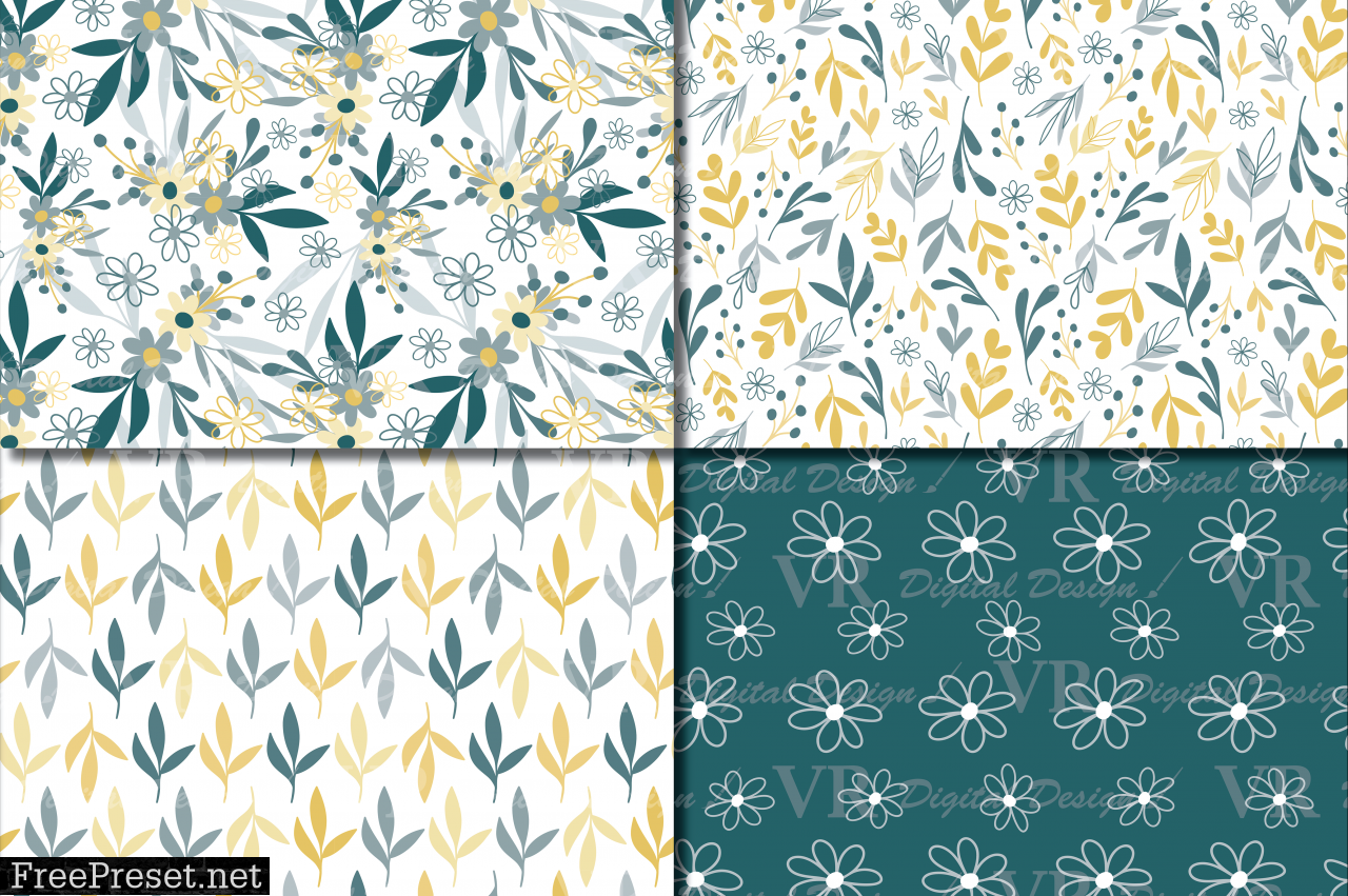 Seamless Green and Yellow Hand Drawn Flowers and Leaves Digital Paper / Foliage Seamless Pattern