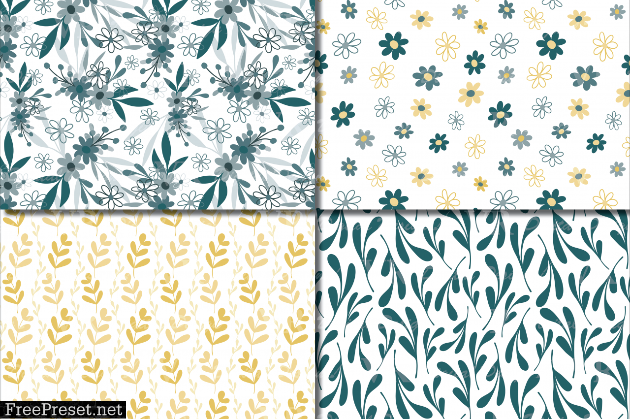 Seamless Green and Yellow Hand Drawn Flowers and Leaves Digital Paper / Foliage Seamless Pattern