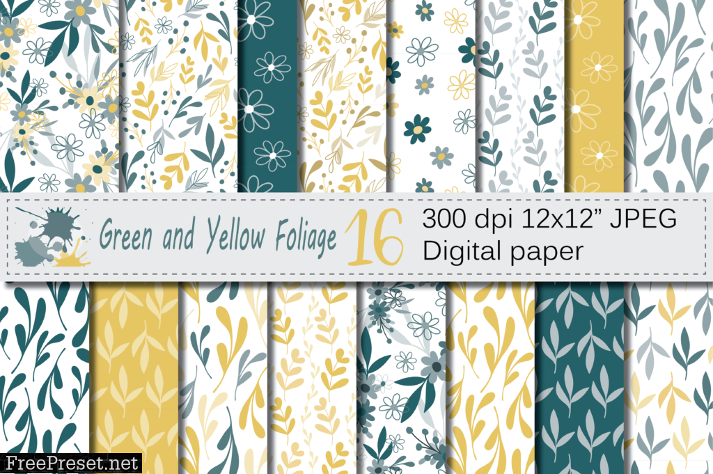 Seamless Green and Yellow Hand Drawn Flowers and Leaves Digital Paper / Foliage Seamless Pattern