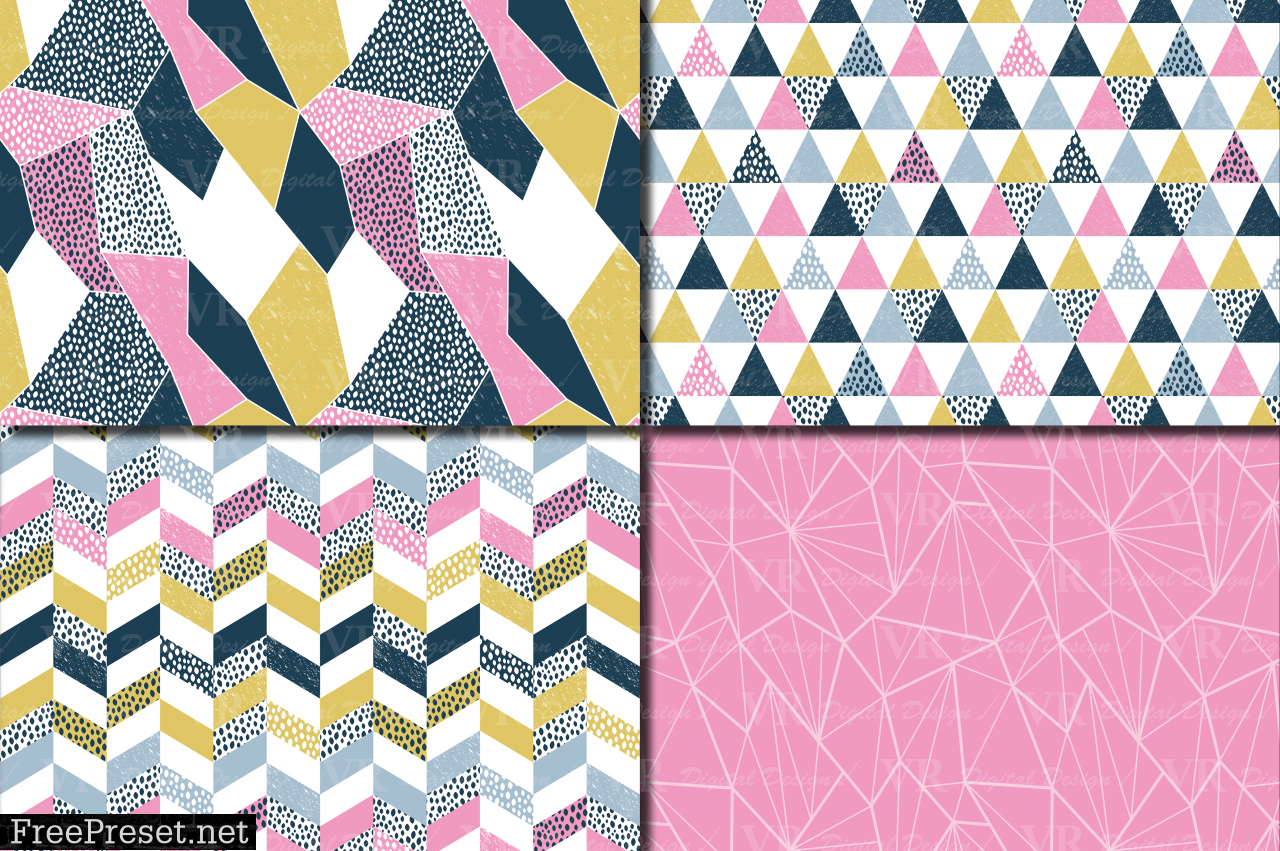 Seamless Modern Geometric Digital Paper / Geometric Patterns / Modern Backgrounds - Pink Blue Gold