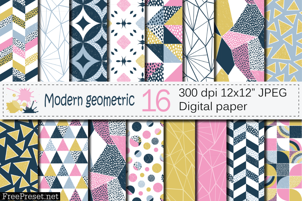 Seamless Modern Geometric Digital Paper / Geometric Patterns / Modern Backgrounds - Pink Blue Gold