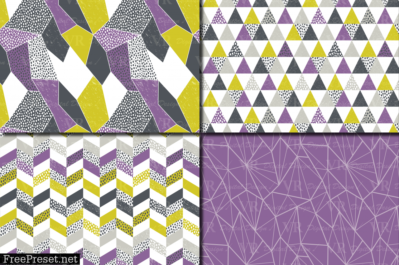 Seamless Modern Geometric Digital Paper / Geometric Patterns / Modern Backgrounds - Purple Lime Gray