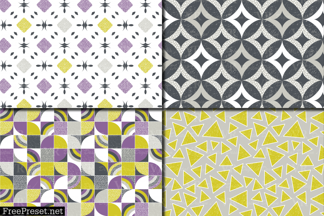 Seamless Modern Geometric Digital Paper / Geometric Patterns / Modern Backgrounds - Purple Lime Gray