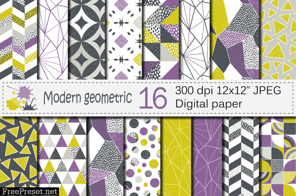 Seamless Modern Geometric Digital Paper / Geometric Patterns / Modern Backgrounds - Purple Lime Gray