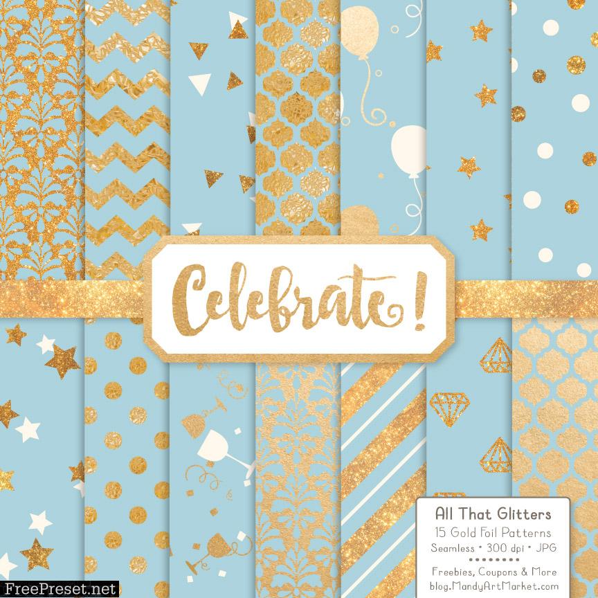 Soft Blue Celebrate Gold Digital Paper Set