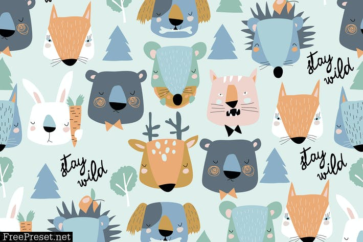 Vector seamless pattern of cute animals heads RUBH8RP