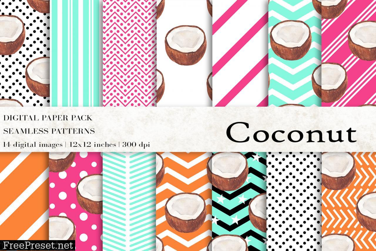 Watercolor Coconut Fruit Digital Papers