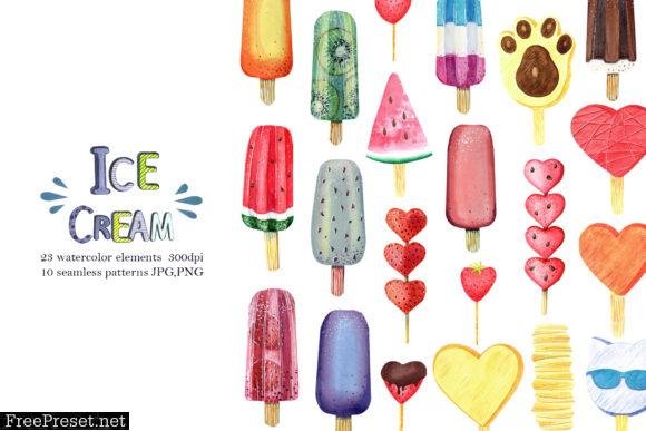 Watercolor Ice Cream Clipart, Patterns