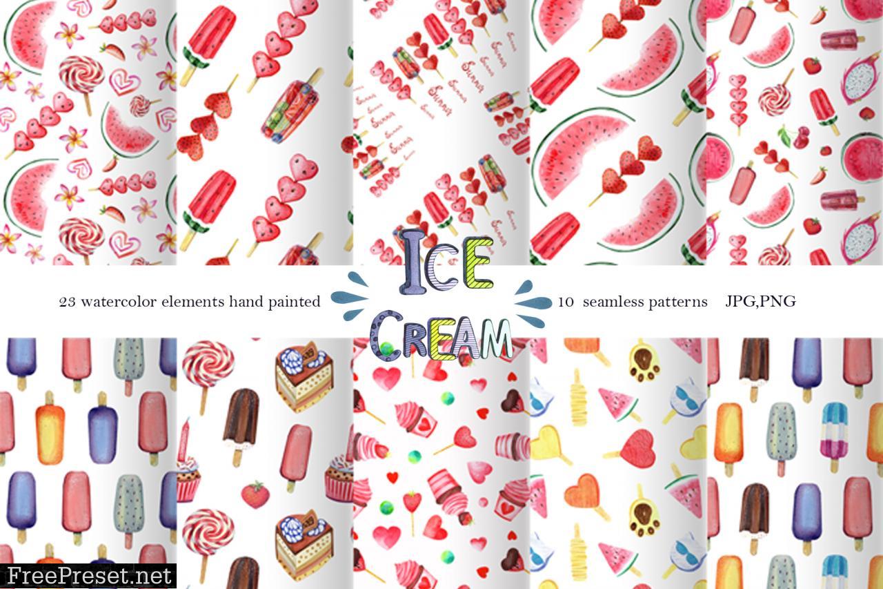 Watercolor Ice Cream Clipart, Patterns