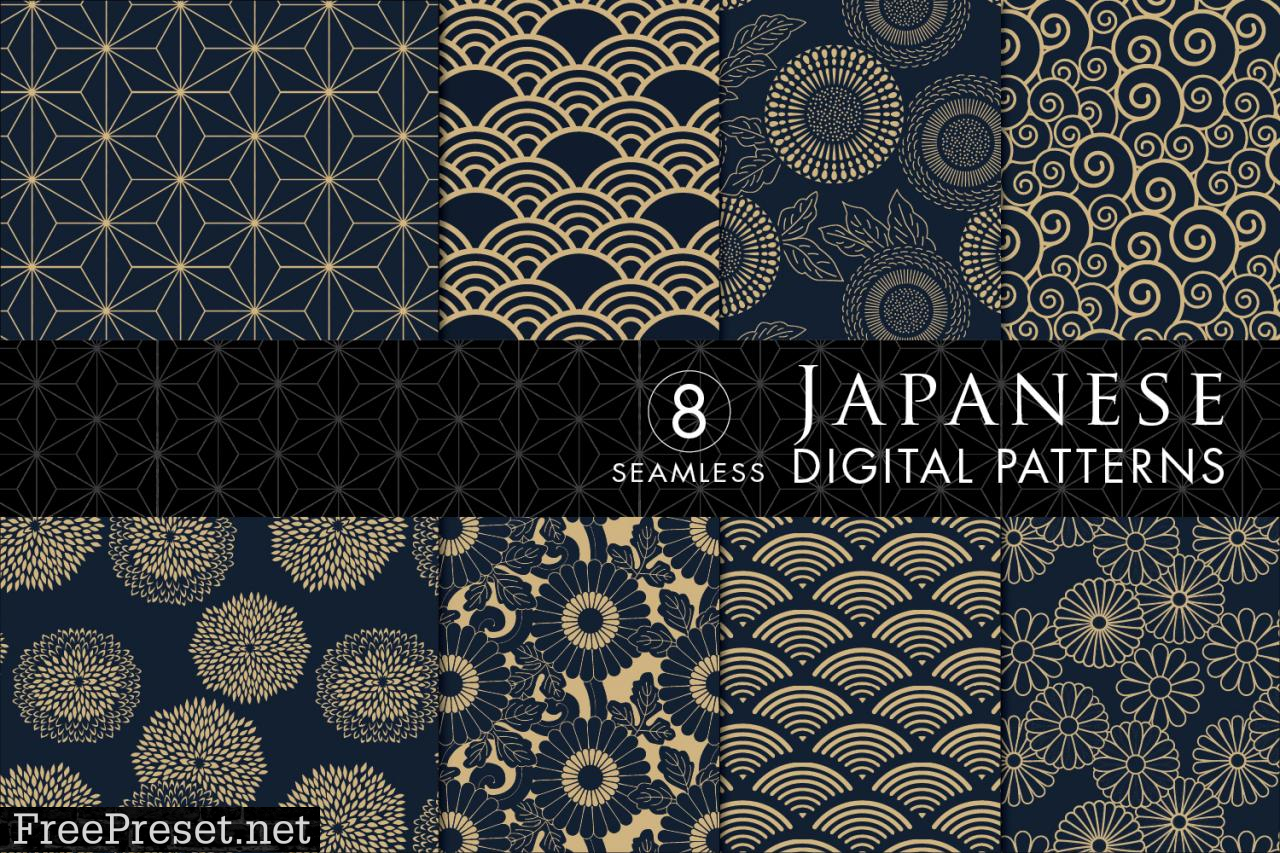 8 Japanese Inspired Patterns - Blue & Tan