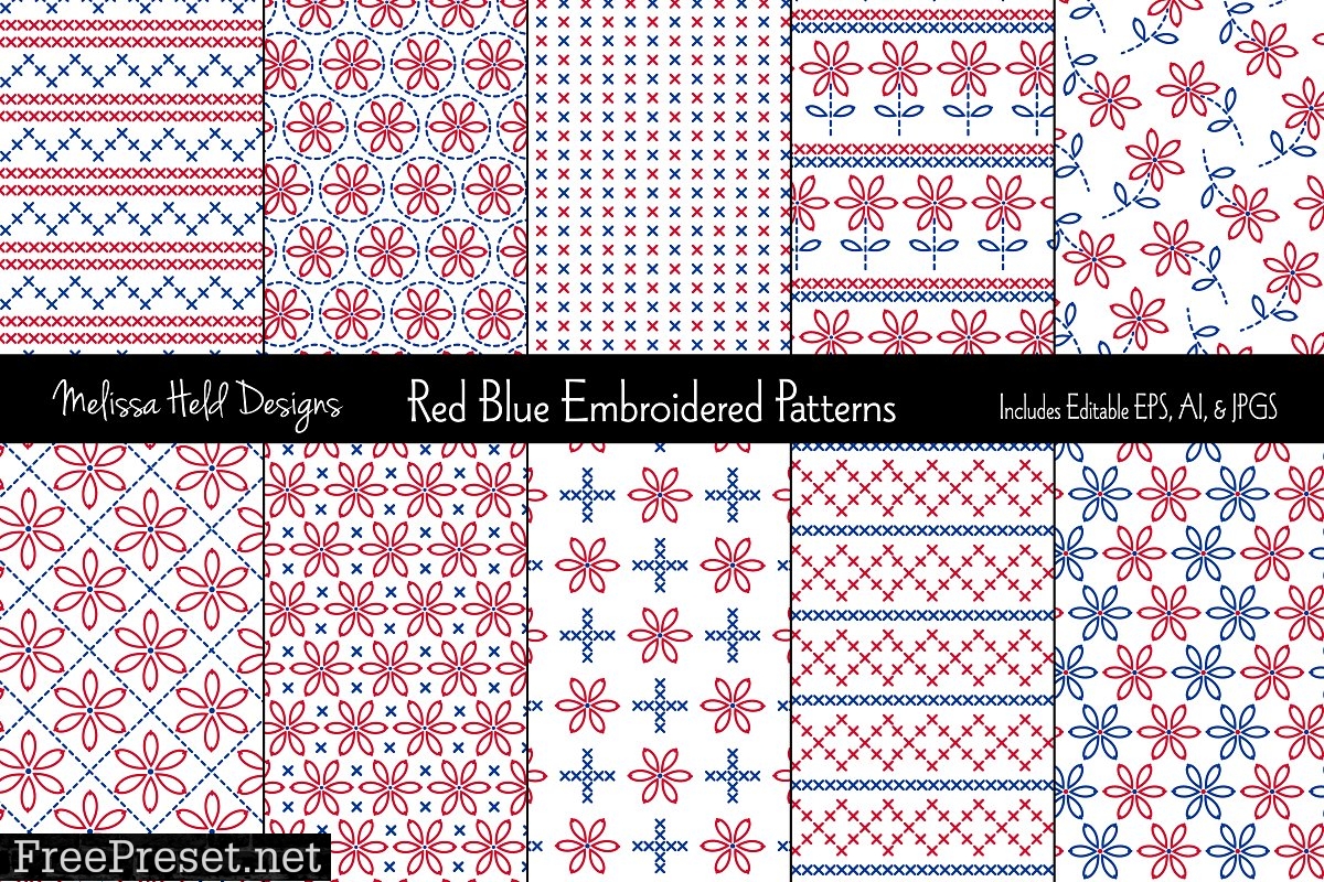 Red Blue Embroidered Patterns