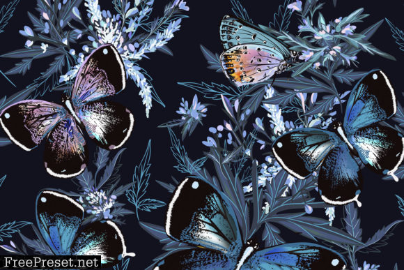 Floral Vector Pattern with Butterflies