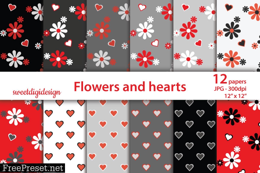 Red and Gray Flowers and Hearts Pattern