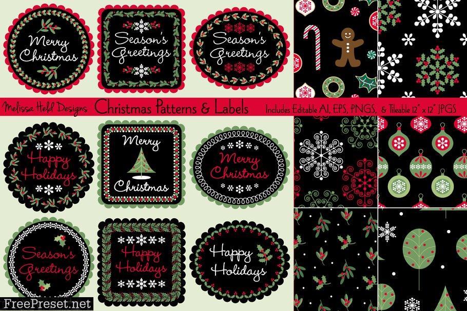 Seamless Christmas Patterns & Labels