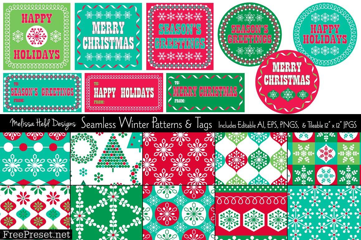 Seamless Winter Patterns & Gift Tags