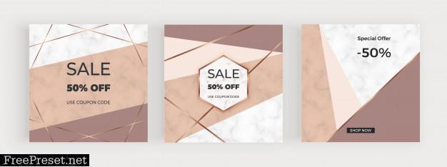 Social media banners with geometric design with nude, brown triangular shapes, golden lines.