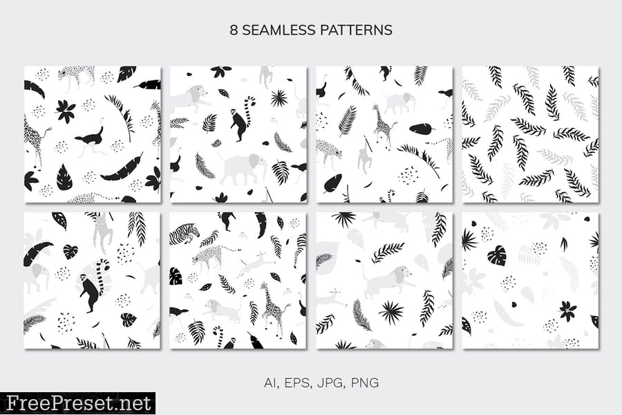 Tropical patterns & animals clipart YQ37J6V