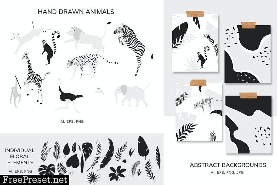 Tropical patterns & animals clipart YQ37J6V