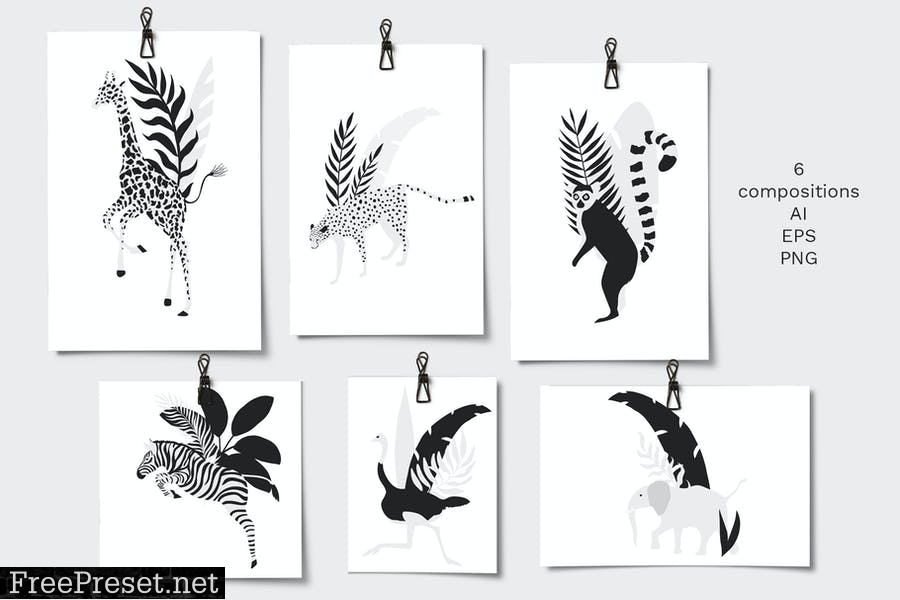 Tropical patterns & animals clipart YQ37J6V