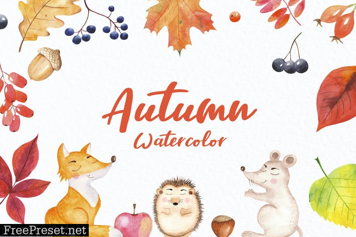 Watercolor Autumn and forest animals BWHNE7L