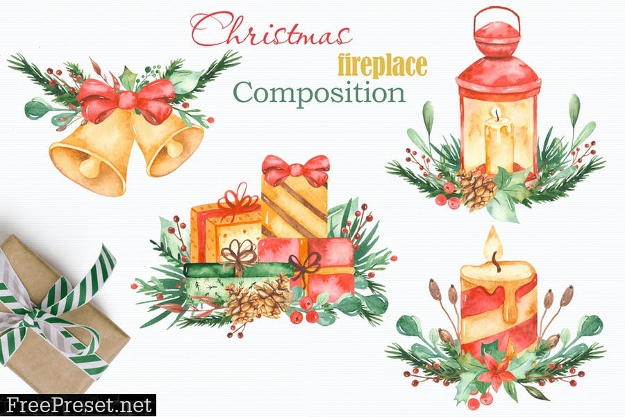 Watercolor Christmas fireplace XTGDTDP