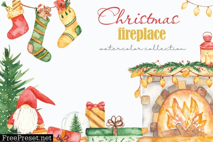 Watercolor Christmas fireplace XTGDTDP