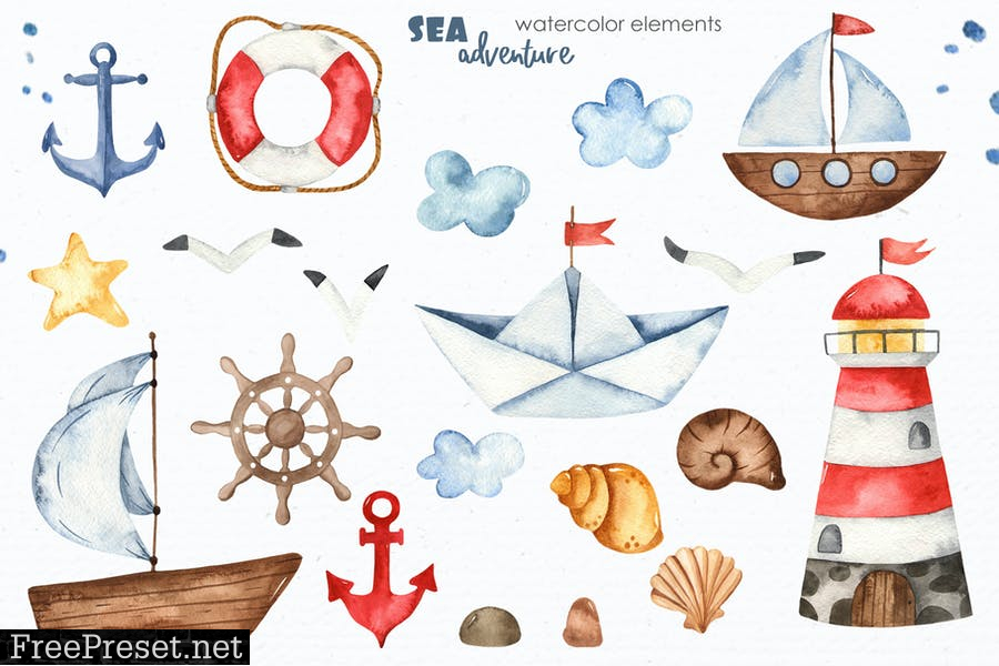 Watercolor Sea adventure Clipart R8UHA8Y