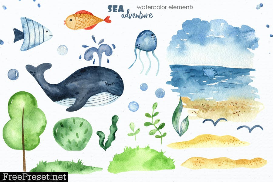 Watercolor Sea adventure Clipart R8UHA8Y