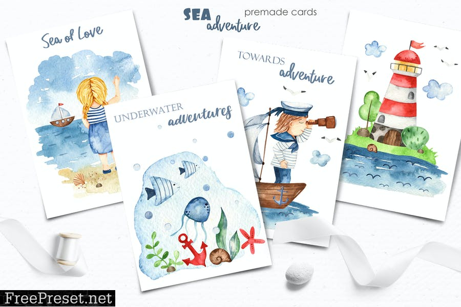 Watercolor Sea adventure Clipart R8UHA8Y