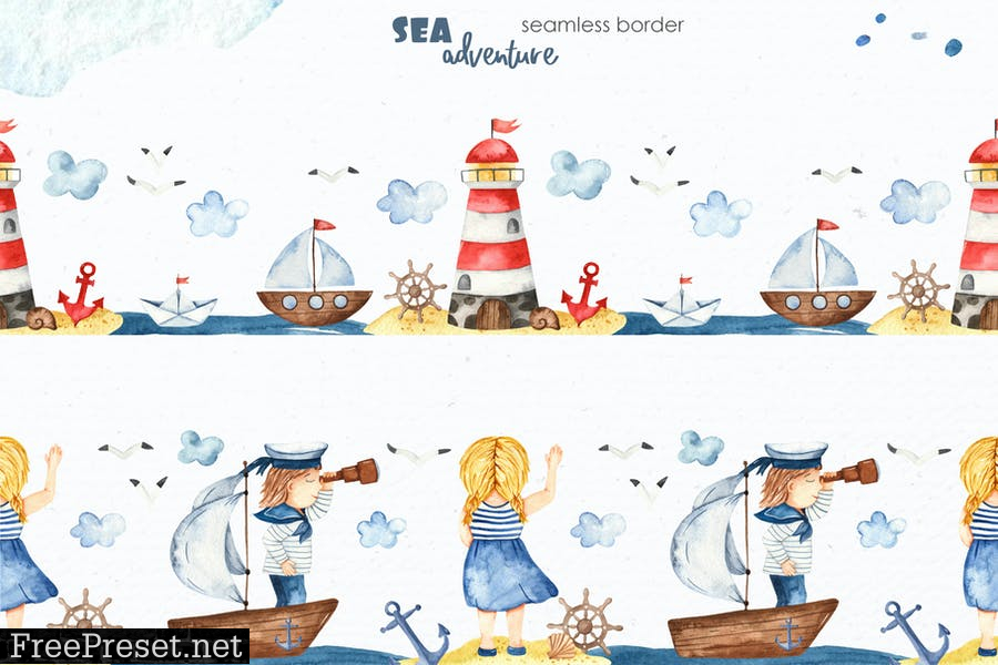 Watercolor Sea adventure Clipart R8UHA8Y