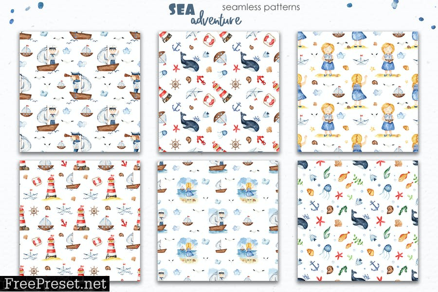 Watercolor Sea adventure Clipart R8UHA8Y