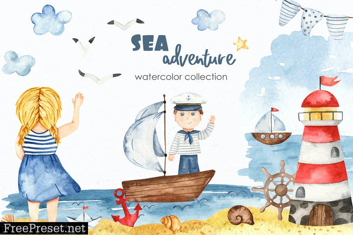 Watercolor Sea adventure Clipart R8UHA8Y