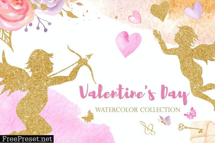 Watercolor Valentine's Day. Pink and Gold  W3XHK8Y