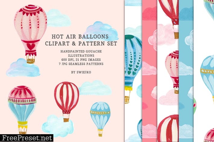 Hot Air Balloons clipart & pattern set RTLNNF3