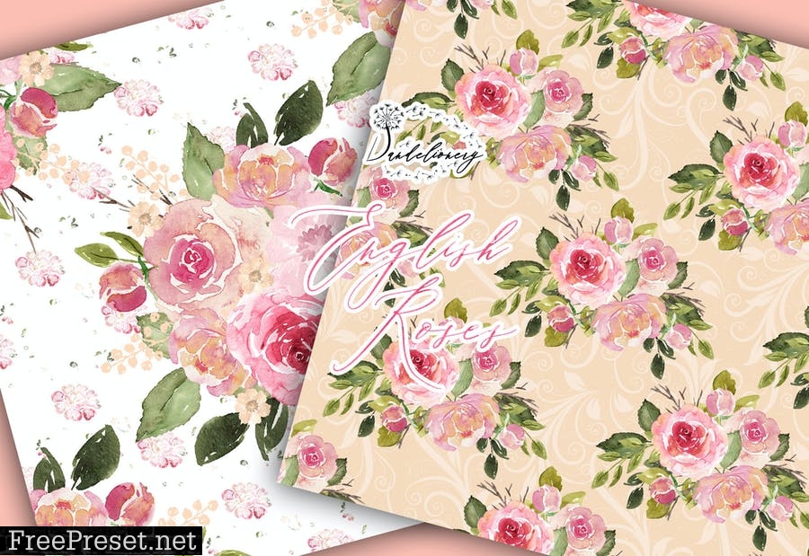 Watercolor English Roses digital paper pack FMRBURJ