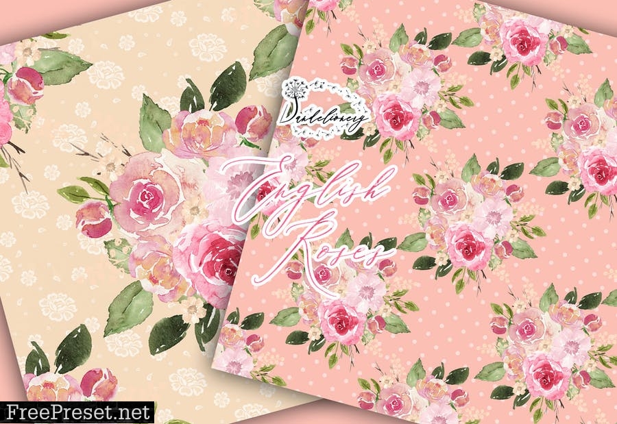 Watercolor English Roses digital paper pack FMRBURJ