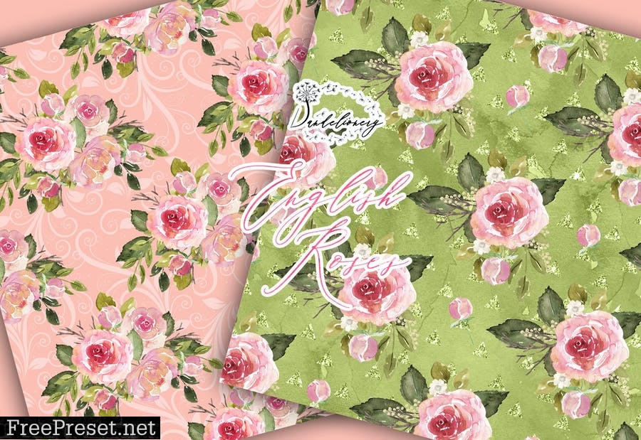 Watercolor English Roses digital paper pack FMRBURJ