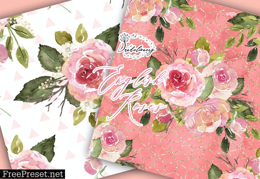 Watercolor English Roses digital paper pack FMRBURJ