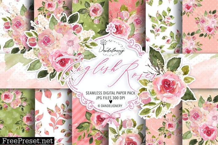 Watercolor English Roses digital paper pack FMRBURJ