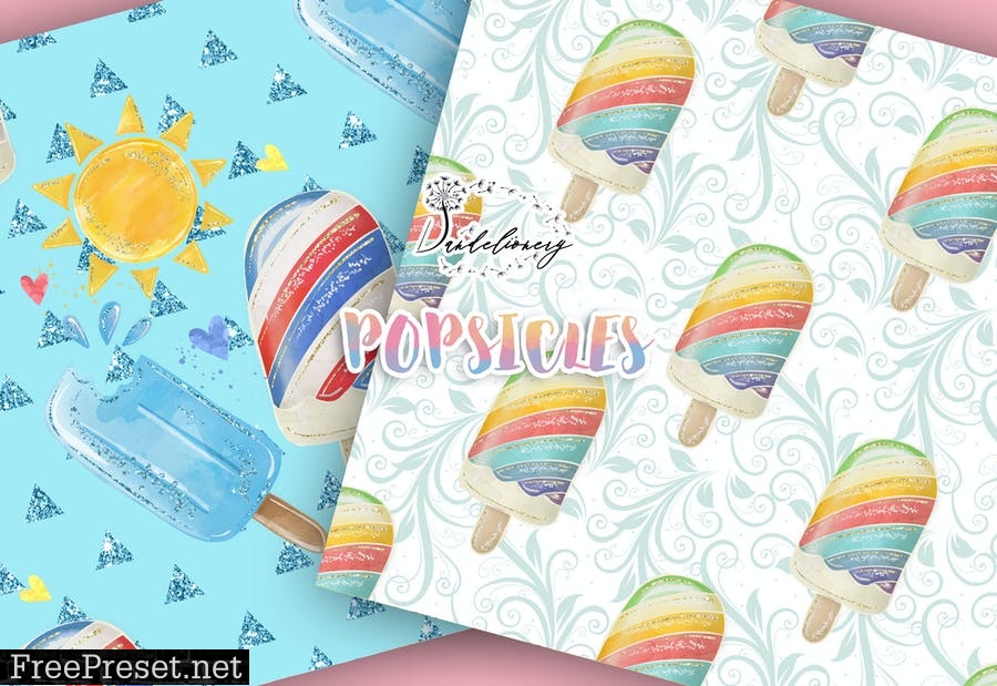 Watercolor Popsicles digital paper pack ZLUNPTB