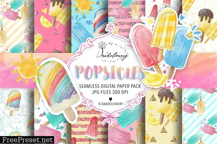 Watercolor Popsicles digital paper pack ZLUNPTB