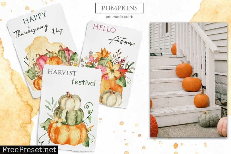 Watercolor Pumpkins. Cards, frames, patterns 8D8YLZW