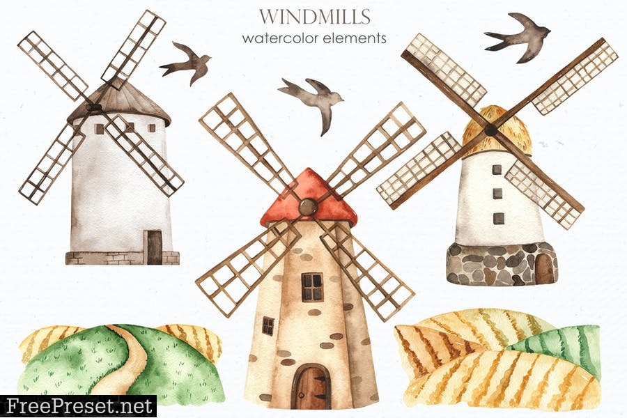 Watercolor Windmills 7UC78DF